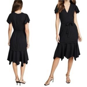 Amanda Uprichard New York Graciela Midi Dress Black Belt Cap Ruffle Sleeves.